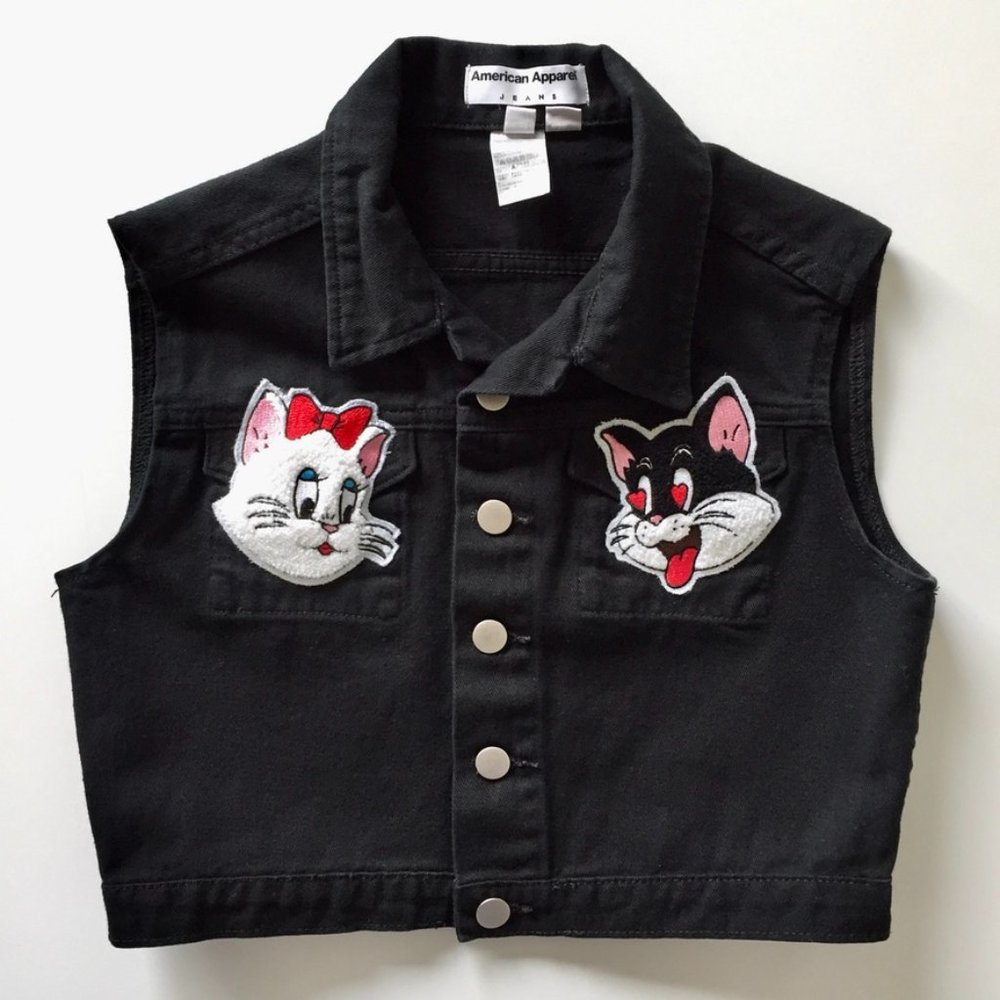 Cats in Love - Cropped Denim Vest - Embroidered Patches - XS
